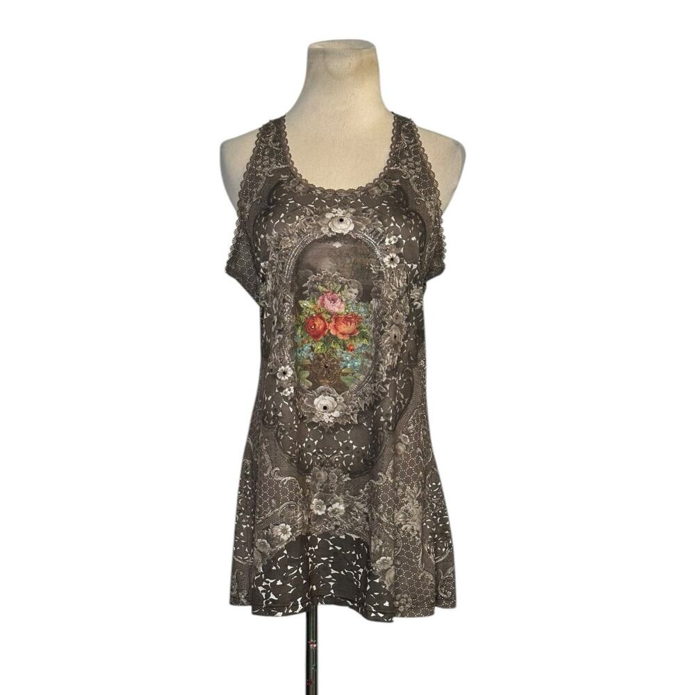 Michal Negrin brown floral Swarovski embellished Y2K tunic top size Large